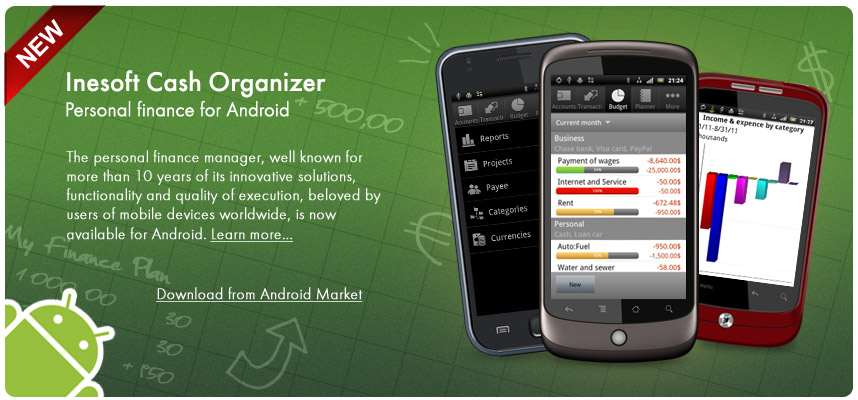 This is a continuation of a ten-year history of the legendary financial program for Pocket PC, repeatedly recognized as the best financial software for handheld computers. Inesoft Cash Organizer is now available for Android.